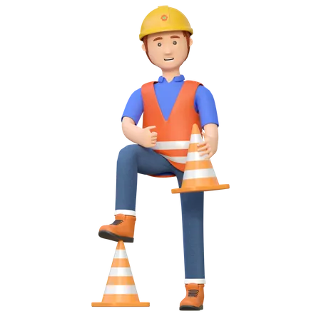 Construction worker holding road cone  3D Illustration