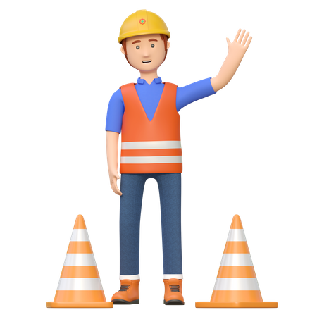 Construction worker holding road cone  3D Illustration