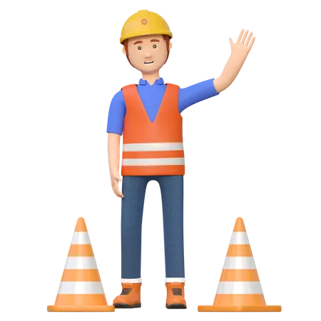 Construction worker holding road cone  3D Illustration