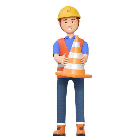 Construction worker holding road cone  3D Illustration