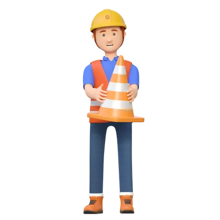 Construction worker holding road cone  3D Illustration