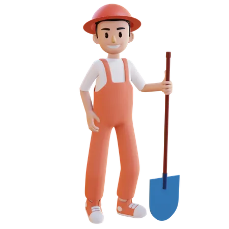 Construction worker holding Shoval  3D Illustration