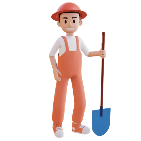 Construction worker holding Shoval 3D Illustration