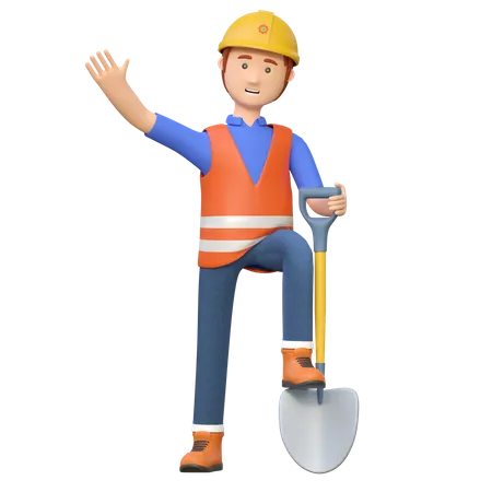 Construction worker holding shovel  3D Illustration