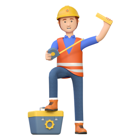 Construction worker holding tape measure tool  3D Illustration