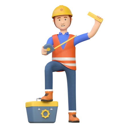 Construction worker holding tape measure tool  3D Illustration