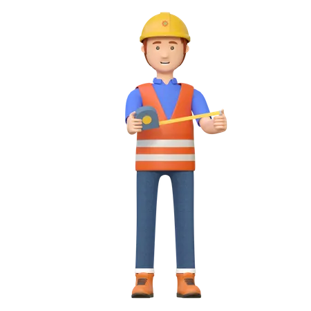 Construction worker holding tape measure tool  3D Illustration