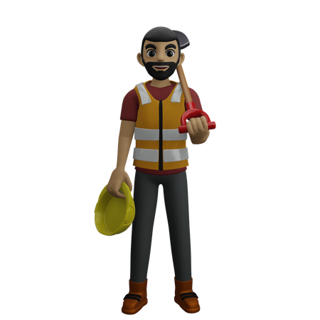 Construction Worker Holding Trowel With Helmet  3D Illustration