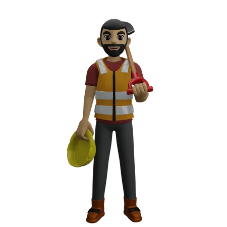 Construction Worker Holding Trowel With Helmet  3D Illustration