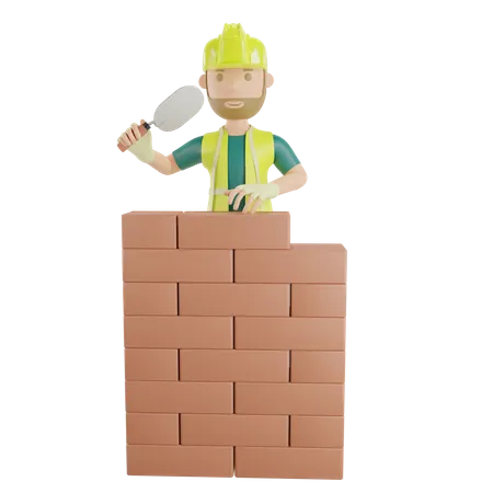 Construction worker laying bricks 3D Illustration