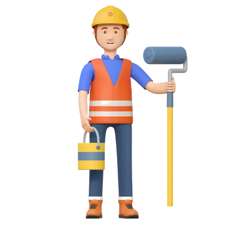 Construction worker painting wall  3D Illustration