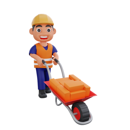 Construction worker pushing Brick Loader  3D Icon