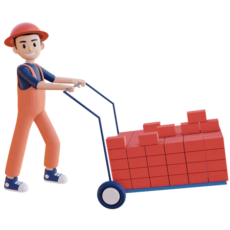Construction worker pushing Brick Loader 3D Illustration