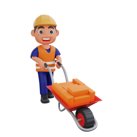 Construction worker pushing Brick Loader  3D Illustration