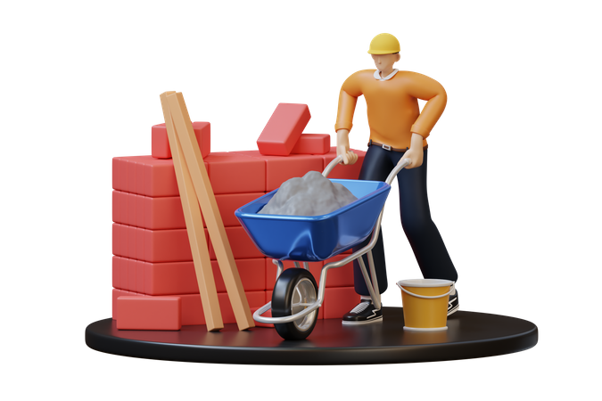 Construction worker pushing trolley  3D Icon