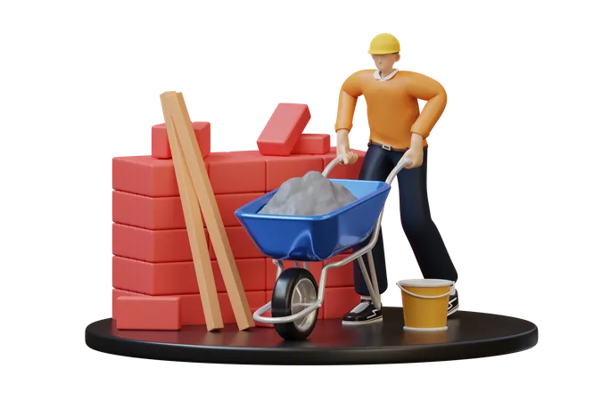 Construction worker pushing trolley 3D Illustration