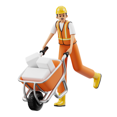 Construction Worker Pushing Wheelbarrow  3D Illustration