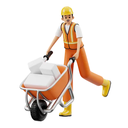 Construction Worker Pushing Wheelbarrow  3D Illustration