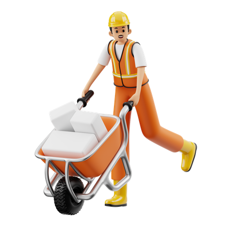 Construction Worker Pushing Wheelbarrow  3D Icon