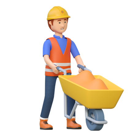 Construction worker pushing wheelbarrow  3D Illustration