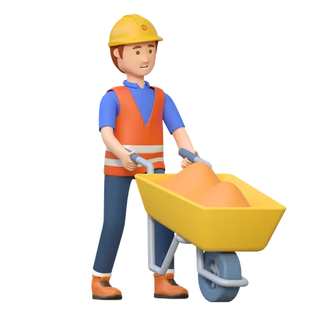 Construction worker pushing wheelbarrow  3D Illustration