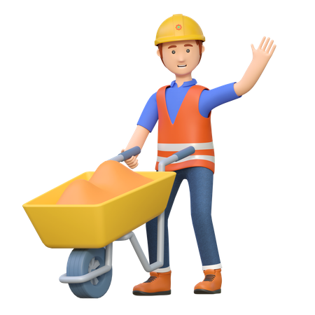 Construction worker pushing wheelbarrow  3D Illustration