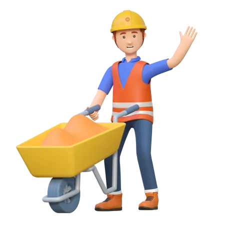 Construction worker pushing wheelbarrow  3D Illustration