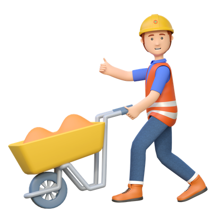 Construction worker pushing wheelbarrow  3D Illustration