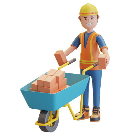 Construction worker pushing wheelbarrow  3D Illustration