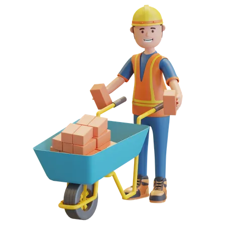 Construction worker pushing wheelbarrow  3D Illustration