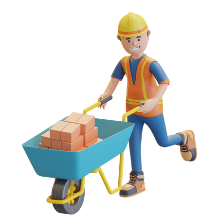 Construction worker pushing wheelbarrow  3D Illustration