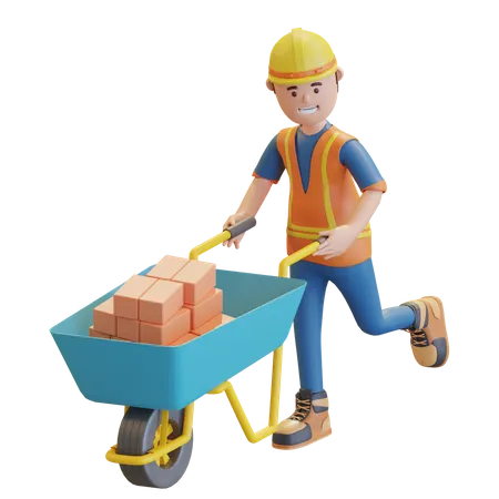 Construction worker pushing wheelbarrow  3D Illustration