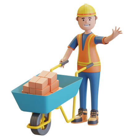 Construction worker pushing wheelbarrow  3D Illustration