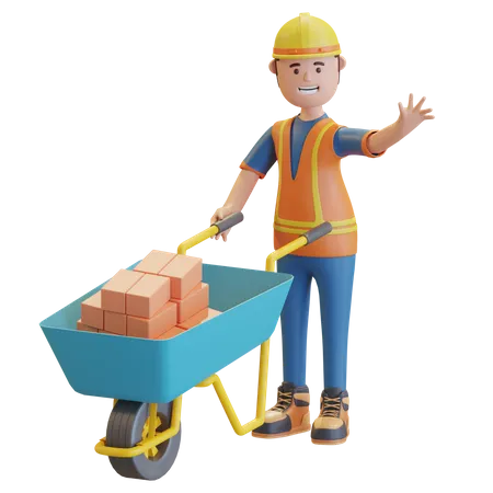 Construction worker pushing wheelbarrow  3D Illustration