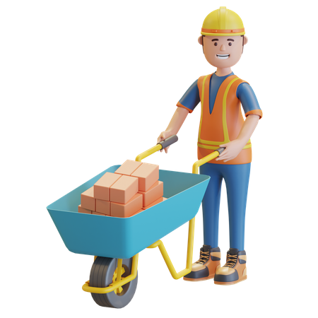 Construction worker pushing wheelbarrow  3D Illustration