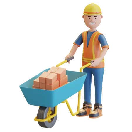 Construction worker pushing wheelbarrow  3D Illustration