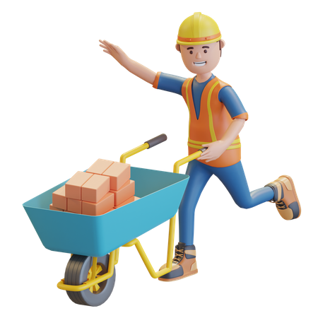 Construction worker pushing wheelbarrow  3D Illustration