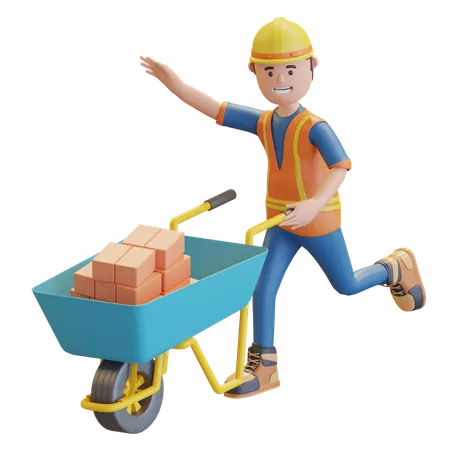 Construction worker pushing wheelbarrow  3D Illustration