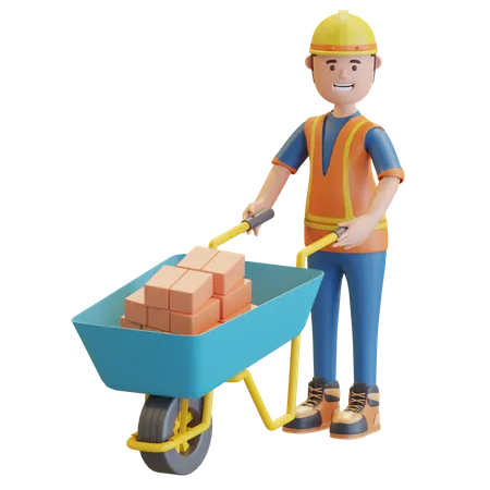 Construction worker pushing wheelbarrow 3D Illustration