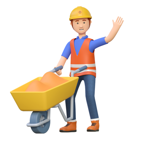 Construction worker pushing wheelbarrow  3D Illustration