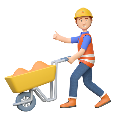 Construction worker pushing wheelbarrow  3D Illustration