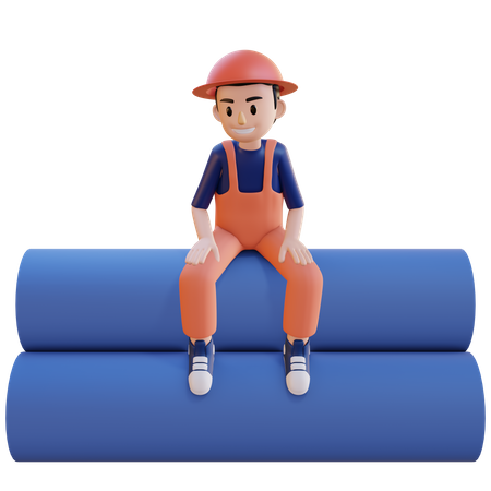 Construction worker sitting on pipe  3D Illustration