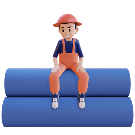 Construction worker sitting on pipe 3D Illustration