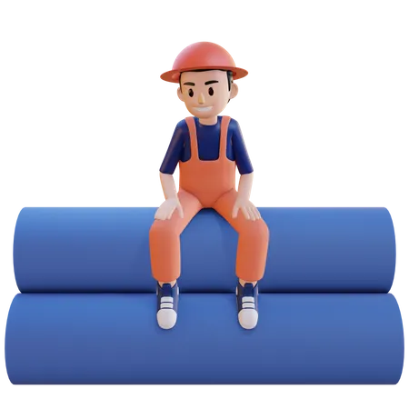 Construction worker sitting on pipe  3D Illustration