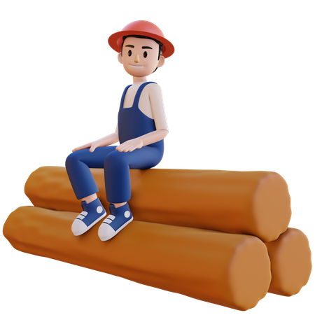 Construction worker sitting on wooden pipes  3D Illustration