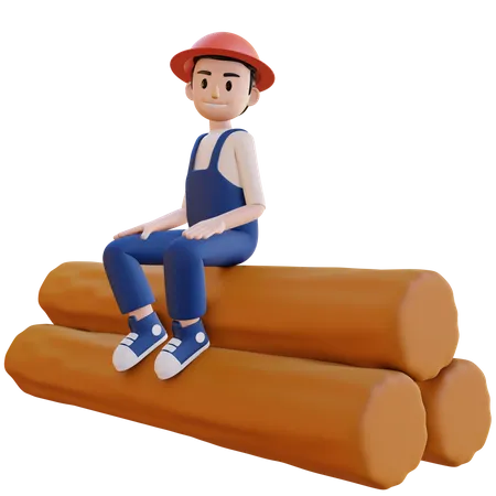 Construction worker sitting on wooden pipes  3D Illustration