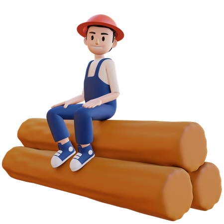 Construction worker sitting on wooden pipes 3D Illustration