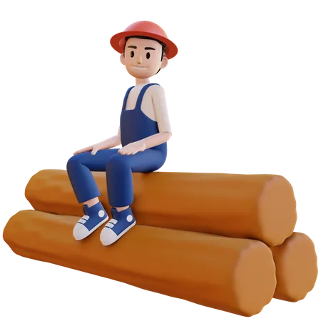 Construction worker sitting on wooden pipes 3D Illustration