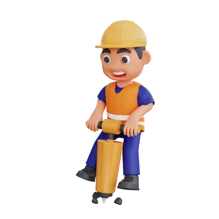 Construction worker using drill machine  3D Illustration