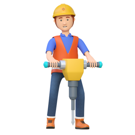 Construction worker using jackhammer drill  3D Illustration